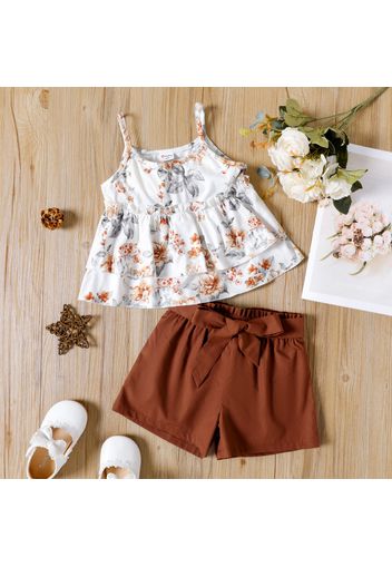 2pcs Toddler Girl Floral Print Ruffled Camisole and Belted Brown Shorts Set