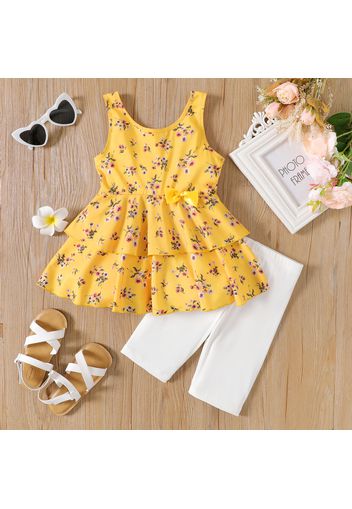 2pcs Kid Girl Floral Print Bowknot Design Layered Sleeveless Tee and Elasticized White Shorts Set