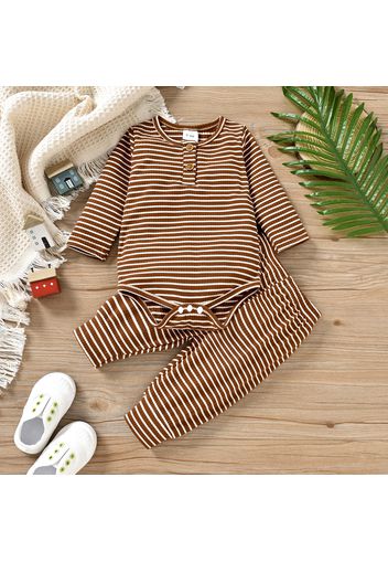 2pcs Baby Boy/Girl Ribbed Long-sleeve Solid/Striped Romper and Trousers Set