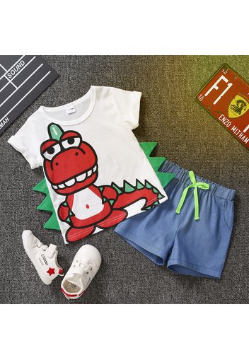 2pcs Toddler Boy Playful Denim Shorts and Dinosaur Print Tee Set