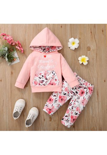 2pcs Baby Girl Letter and Floral Print Pink Long-sleeve Hoodie and Trousers Set