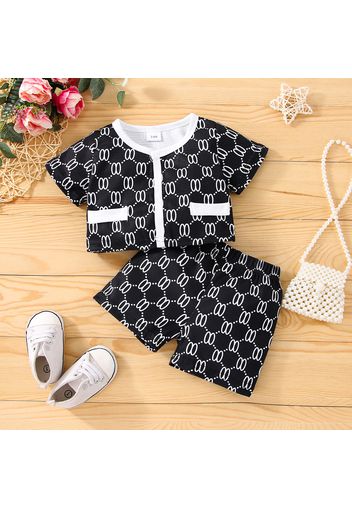 2pcs Baby Girl All Over Print Short-sleeve Snap Crop Top and Shorts Set