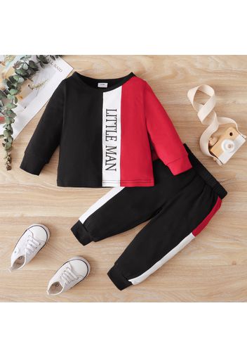 2pcs Baby Boy Letter Print Colorblock Long-sleeve Pullover and Trousers Set