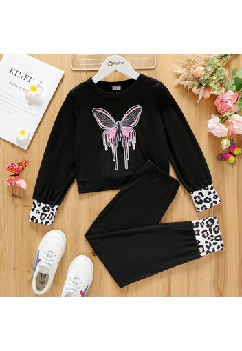 2pcs Kid Girl Butterfly Leopard Print Long-sleeve Black Tee and Pants Set