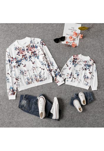 Floral Print White Long-sleeve Zip Jackets for Mom and Me