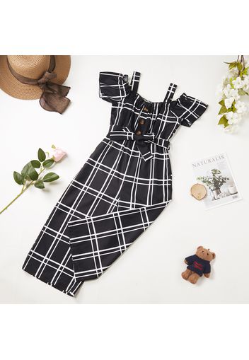 Kid Girl Plaid Off Shoulder Black Capri Strap Jumpsuits