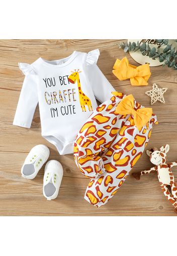 3pcs Baby Girl 95% Cotton Long-sleeve Letter & Giraffe Print Romper and Bow Front Pants with Headband Set