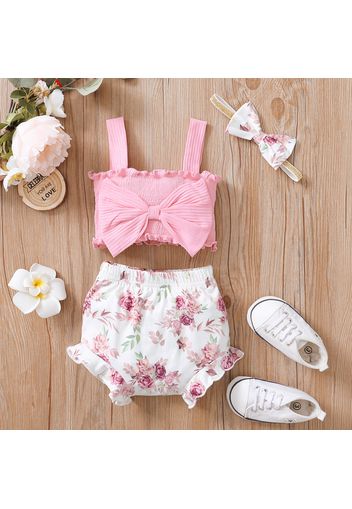 3pcs Baby Girl Pink Shirred Bowknot Sleeveless Tank Crop Top and Floral Print Ruffle Shorts with Headband Set