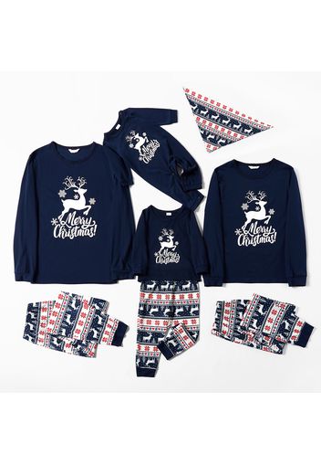 Christmas Reindeer and Letter Print Dark Blue Family Matching Long-sleeve Pajamas Sets (Flame Resistant)