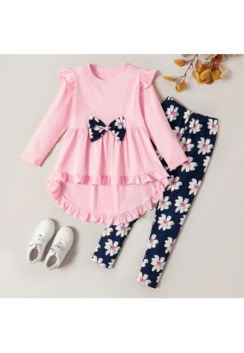 2-piece Kid Girl Bowknot Ruffled Long-sleeves Tee and Flower Allover Print  Pants