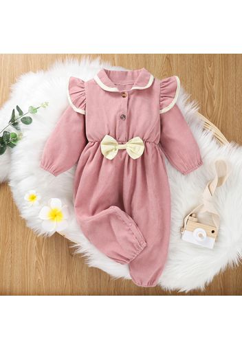 2pcs Baby Solid Lapel Long-sleeve Ruffle Bowknot Jumpsuit Set