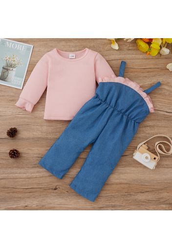 2pcs Baby Girl Pink Waffle Long-sleeve Top and Ruffle Overalls Set