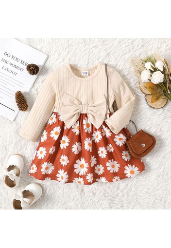 Baby Girl Bow Front Long-sleeve Rib Knit Spliced Daisy Floral Print Dress