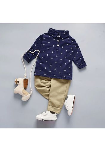 Casual Polo Collar Anchor Patterned Top and Solid Pants Set for Toddler Boy