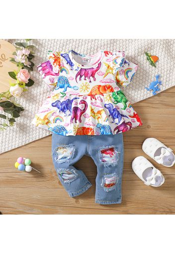 2pcs Baby Girl 95% Cotton Ripped Jeans and Allover Dinosaur Print Ruffle Short-sleeve Top Set