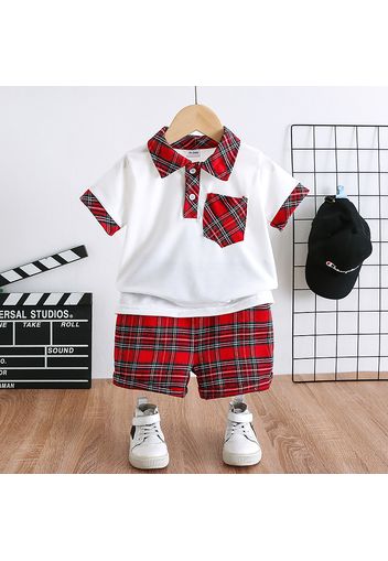 2pcs Toddler Boy Casual Plaid Pocket Design Polo Shirt and Shorts Set