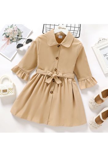 Kid Girl Lapel Collar Button Design Belted Ruffle-sleeve Khaki Coat