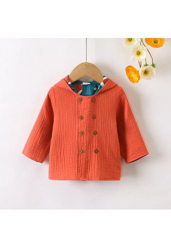 100% Cotton Baby Boy/Girl Solid Crepe Double Breasted Long-sleeve Hooded Jacket