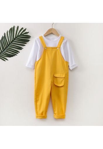 2-piece Toddler Girl/Boy White Long-sleeve Tee Pocket Button Design Solid Overalls Set