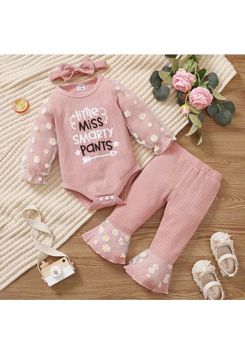 3pcs Baby Girl Letter Print Pink Ribbed Daisy Design Mesh Long-sleeve Romper and Flared Pants Set