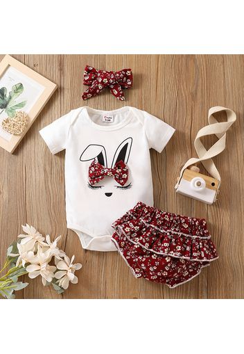 3pcs Baby Girl Cotton Short-sleeve Rabbit Print Bowknot Romper and Floral Print Ruffle Shorts with Headband Set