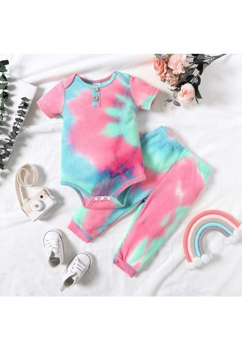 2pcs Baby Boy/Girl Tie Dye Ribbed Short-sleeve Romper and Trousers Set