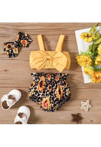 3pcs Baby Girl 100% Cotton Bowknot Sleeveless Crop Top and Sunflower Leopard Print Shorts with Headband Set