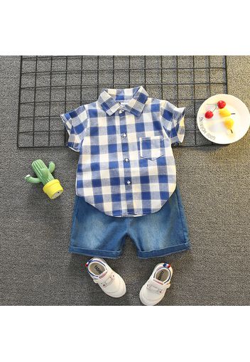 2-piece Toddler Boy Plaid Short-sleeve Short and Denim Shorts Set