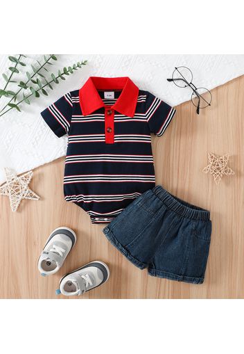 2pcs Baby Boy 100% Cotton Denim Shorts and Contrast Collar Striped Short-sleeve Romper Set