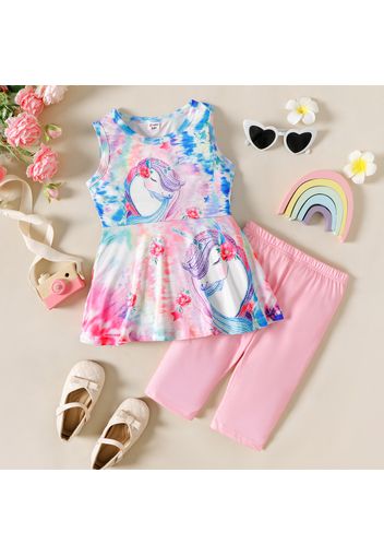 2pcs Kid Girl Unicorn Print Tie Dyed Sleeveless Tee and Pink Knee Length Shorts Set