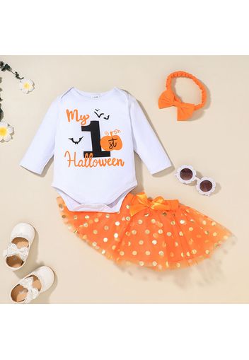 3pcs Baby Halloween Letter Print Long-sleeve Romper and Polka Dot Tutu Skirt Set