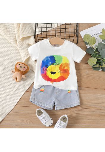 100% Cotton 2pcs Baby Boy Cartoon Lion Print Short-sleeve T-shirt and Ripped Denim Shorts Set