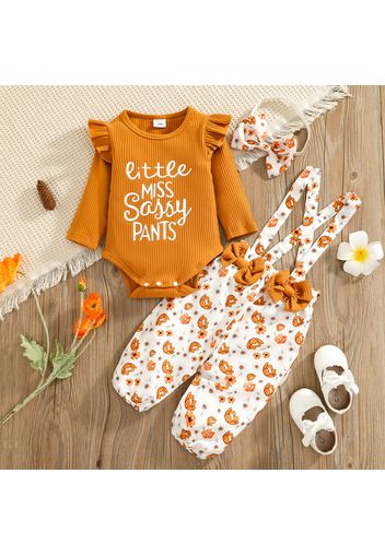 100% Cotton 3pcs Baby Letter Print Ruffle Long-sleeve Ribbed Romper and Floral Print Suspender Overalls Set