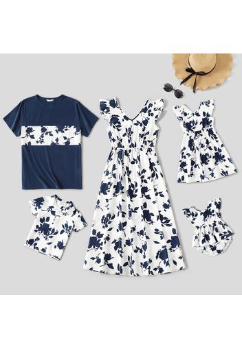 Family Matching All Over Blue Floral Print V Neck Flutter-sleeve Dresses and Short-sleeve Tee Shirts Sets