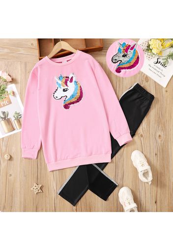 2-piece Kid Girl Sequined Unicorn Pattern Pink Pullover Sweatshirt and Glitter Striped Pants Set