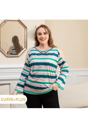 Women Plus Size Casual Stripe Crisscross Cold Shoulder Long-sleeve Tee