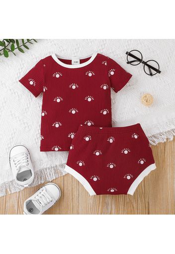 2pcs Baby Boy/Girl Sun/Moon/Stars Print Ribbed Short-sleeve Top and Shorts Set