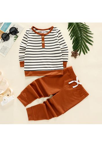 2-piece Toddler Boy Stripe Button Design Long-sleeve Top and Solid Color Pants Set