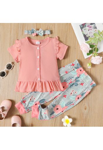 2-piece Toddler Girl Ruffle Hem Button Design Pink Tee and Floral Print Pants Set