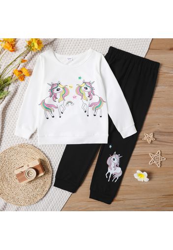 2-piece Kid Girl Unicorn Print Long-sleeve Tee and Elasticized Black Pants Set