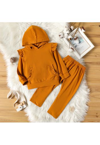 2-piece Toddler Girl Ruffled Solid Color Hoodie Sweatshirt and Pants Set