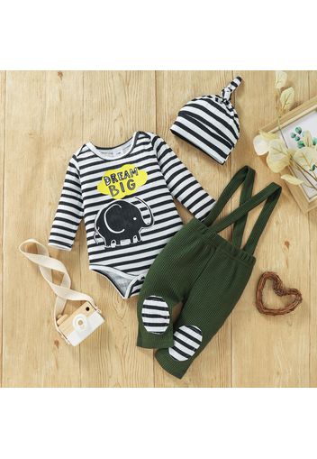 3pcs Baby Boy Elephant Letter Print Striped Long-sleeve Romper and Overalls with Hat Set