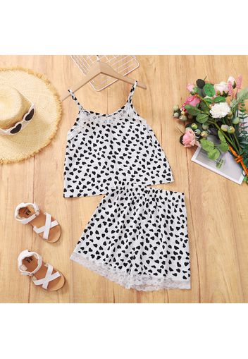 2-piece Kid Girl Heart Print Lace Design Camisole and Elasticized Shorts Set