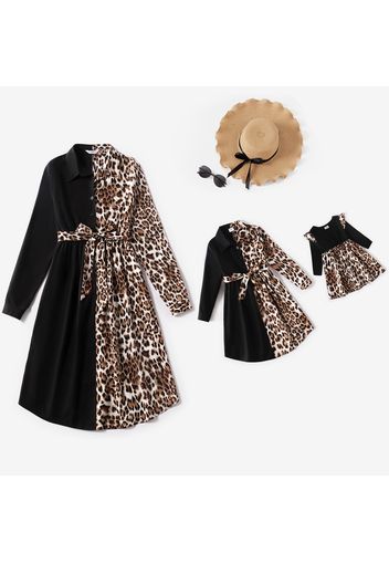 Black Splicing Leopard Lapel Long-sleeve Belted Shirt Dress for Mom and Me
