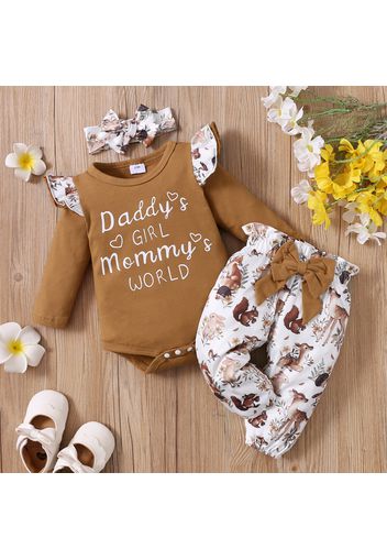 3pcs Baby Letter Print Ruffle Long-sleeve Romper and Floral Trousers Set