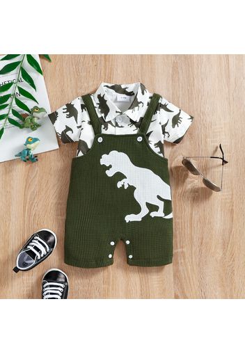 2pcs Baby Boy All Over Dinosaur Print Short-sleeve Shirt and Overalls Shorts Set