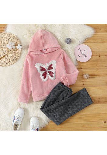 2-piece Kid Girl Animal Butterfly Embroidered Sequined Hoodie Sweatshirt and Textured Pants Set