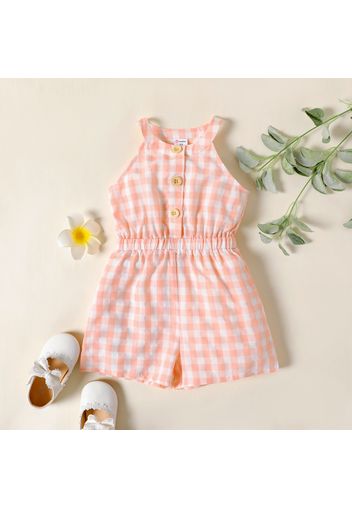 Toddler Girl Button Design Sleeveless Plaid Halter Romper Jumpsuit Shorts