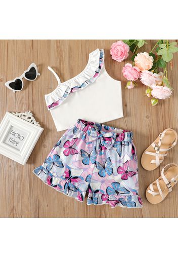 2pcs Kid Girl Flounce One Shoulder Camisole and Bowknot Design Ruffled Butterfly Print Shorts Set