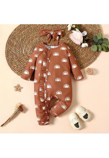 2pcs Baby Girl All Over Print Coffee Waffle Long-sleeve Ruffle Snap-up Jumpsuit Set